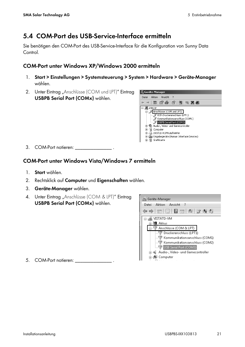 4 com-port des usb-service-interface ermitteln, Com-port des usb-service-interface ermitteln | SMA USB-Service-Interface User Manual | Page 21 / 160
