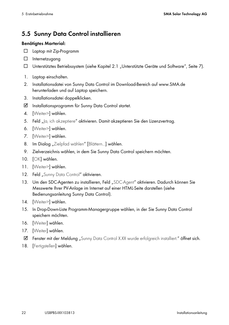 5 sunny data control installieren, Sunny data control installieren | SMA USB-Service-Interface User Manual | Page 22 / 160