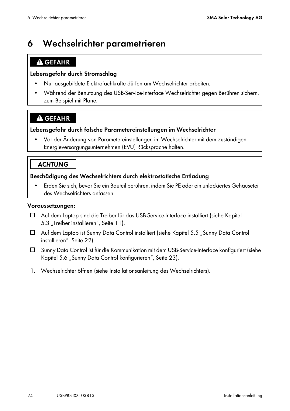 6 wechselrichter parametrieren, Wechselrichter parametrieren | SMA USB-Service-Interface User Manual | Page 24 / 160