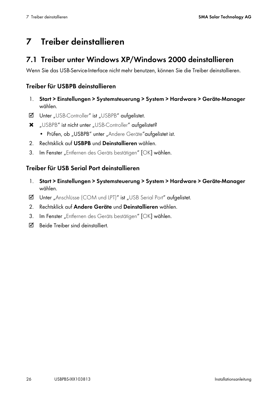 7 treiber deinstallieren, Treiber deinstallieren | SMA USB-Service-Interface User Manual | Page 26 / 160
