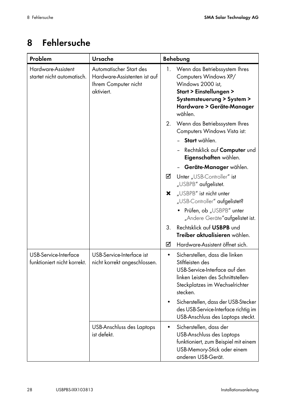 8 fehlersuche, Fehlersuche | SMA USB-Service-Interface User Manual | Page 28 / 160
