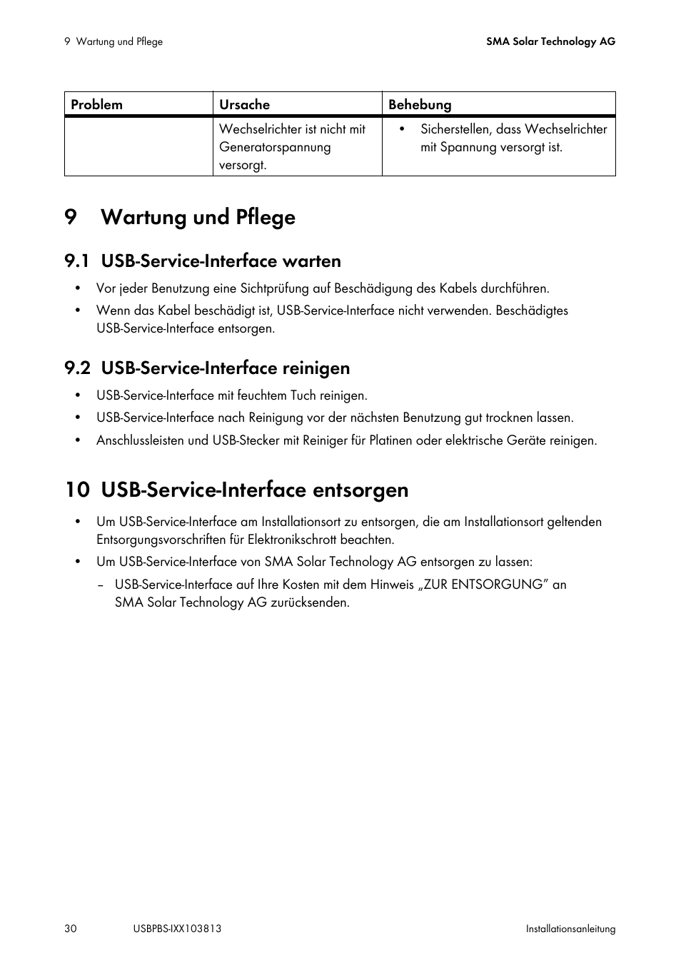 9 wartung und pflege, 1 usb-service-interface warten, 2 usb-service-interface reinigen | 10 usb-service-interface entsorgen, Wartung und pflege, Usb-service-interface warten, Usb-service-interface reinigen, Usb-service-interface entsorgen | SMA USB-Service-Interface User Manual | Page 30 / 160