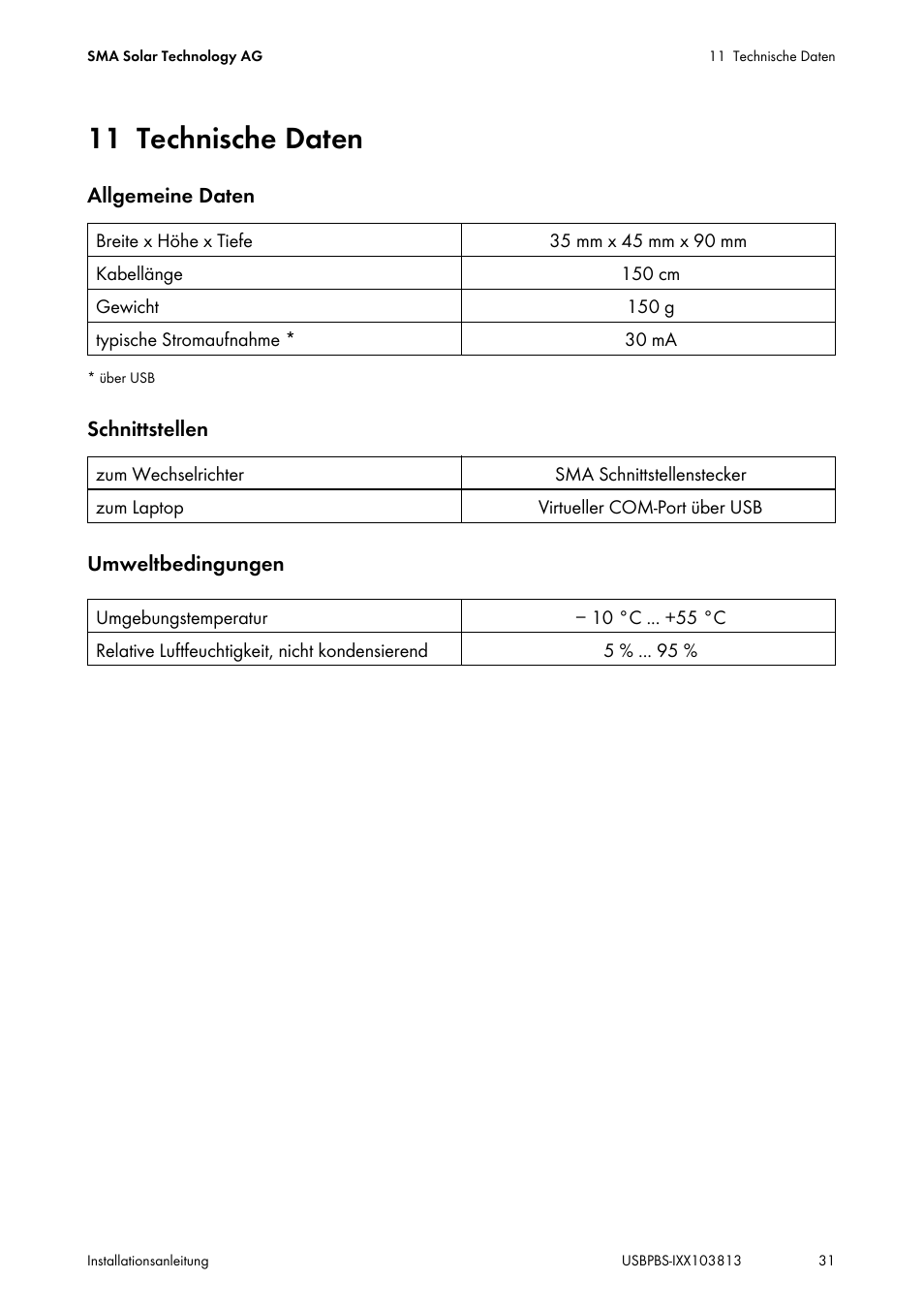 11 technische daten, Technische daten | SMA USB-Service-Interface User Manual | Page 31 / 160
