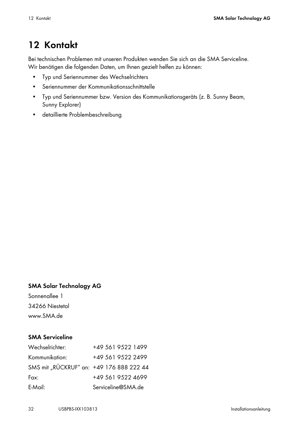 12 kontakt, Kontakt | SMA USB-Service-Interface User Manual | Page 32 / 160