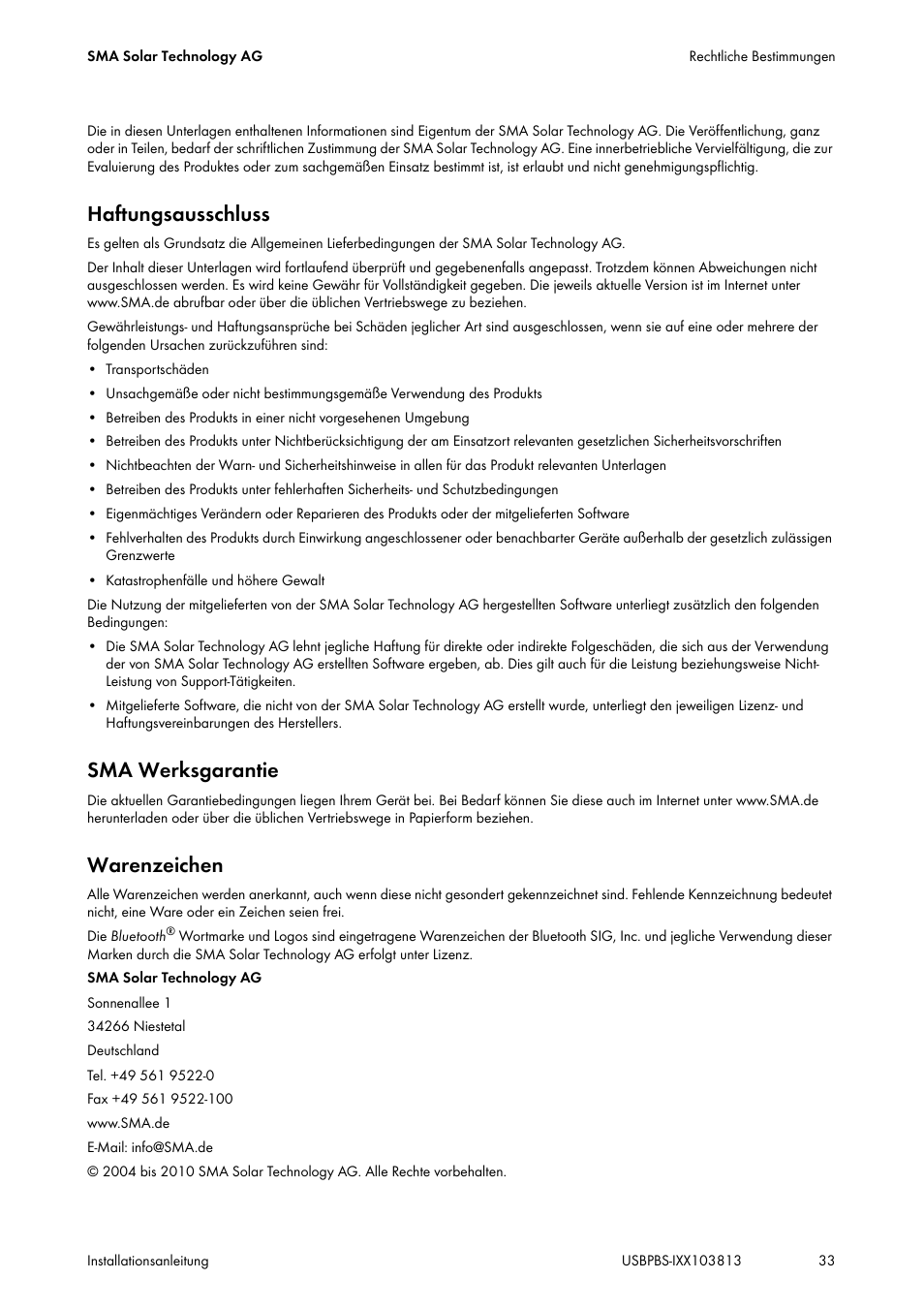 Haftungsausschluss, Sma werksgarantie, Warenzeichen | SMA USB-Service-Interface User Manual | Page 33 / 160