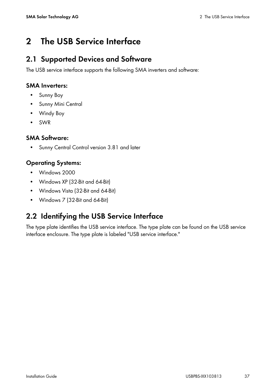 2 the usb service interface, 1 supported devices and software, 2 identifying the usb service interface | The usb service interface, Supported devices and software, Identifying the usb service interface | SMA USB-Service-Interface User Manual | Page 37 / 160