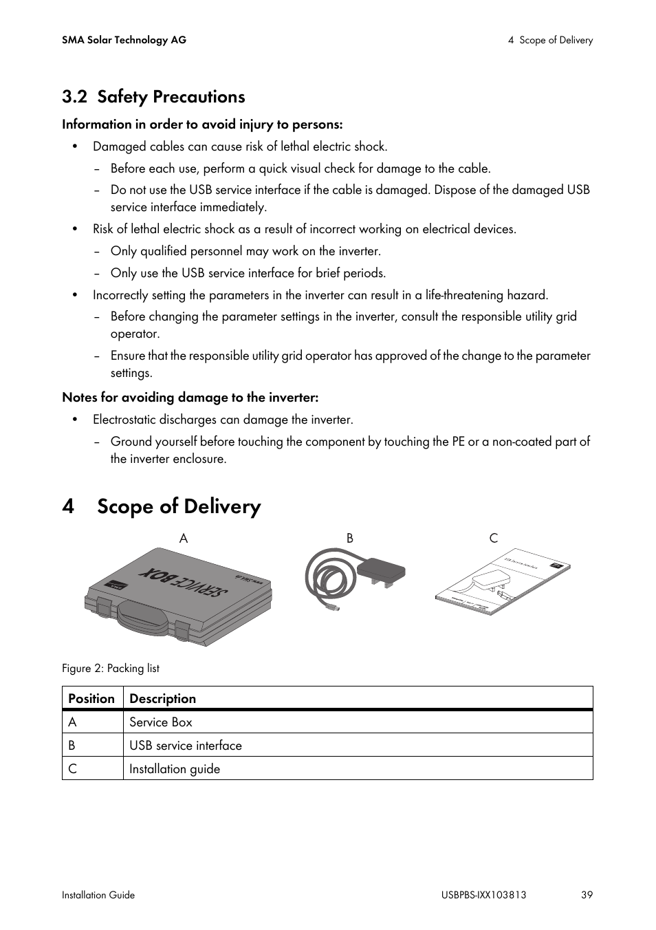 2 safety precautions, 4 scope of delivery, Safety precautions | Scope of delivery | SMA USB-Service-Interface User Manual | Page 39 / 160