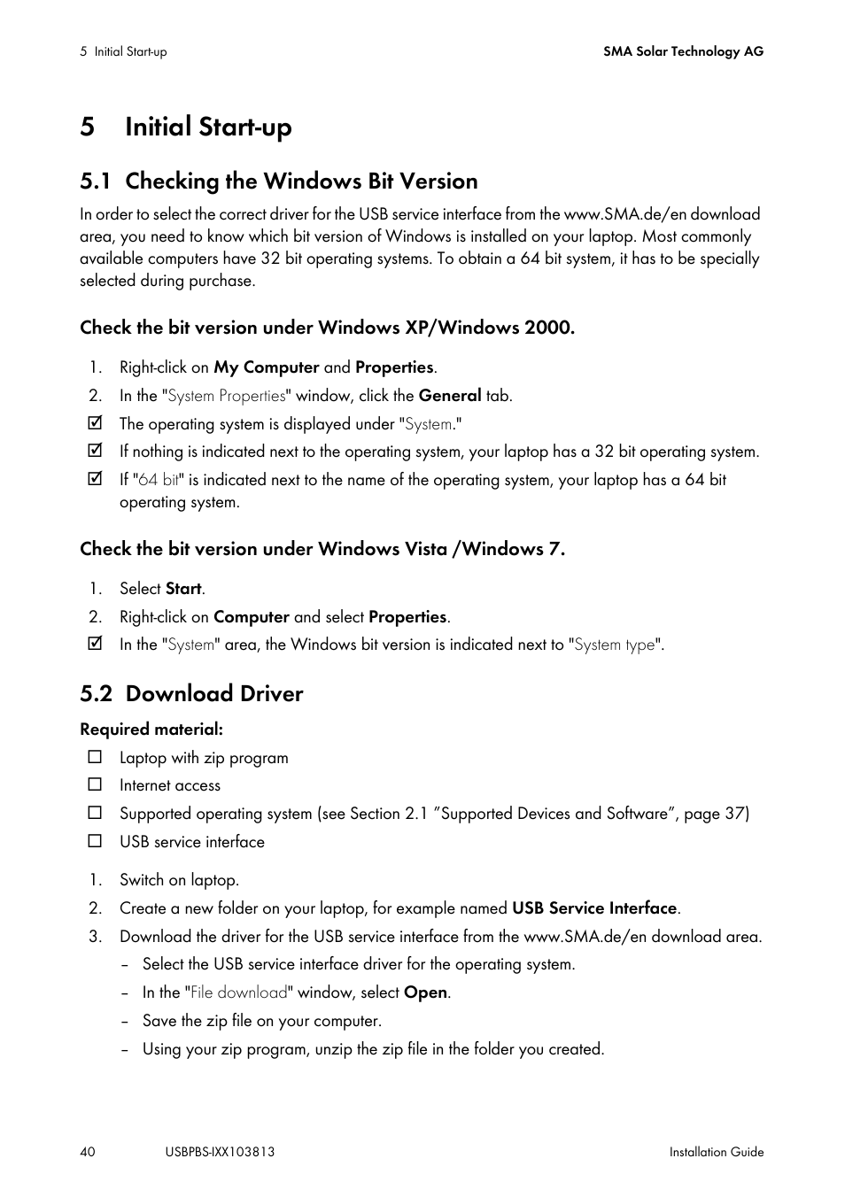5 initial start-up, 1 checking the windows bit version, 2 download driver | Initial start-up, Checking the windows bit version, Download driver | SMA USB-Service-Interface User Manual | Page 40 / 160