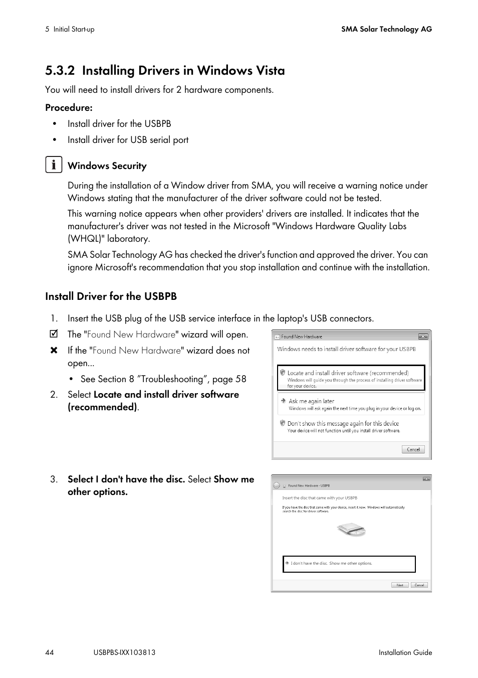 2 installing drivers in windows vista, Installing drivers in windows vista | SMA USB-Service-Interface User Manual | Page 44 / 160