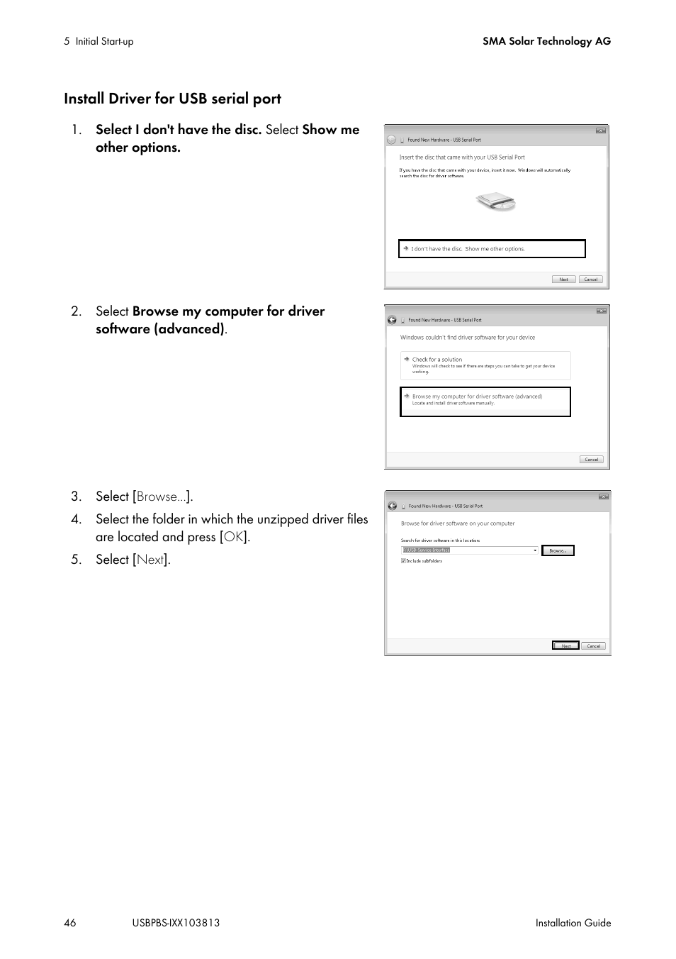 Install driver for usb serial port | SMA USB-Service-Interface User Manual | Page 46 / 160