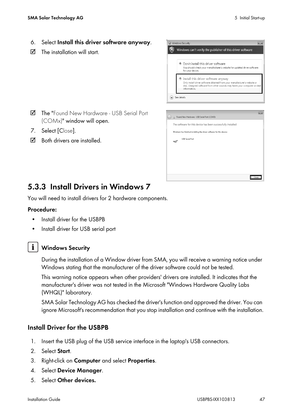3 install drivers in windows 7, Install drivers in windows 7 | SMA USB-Service-Interface User Manual | Page 47 / 160