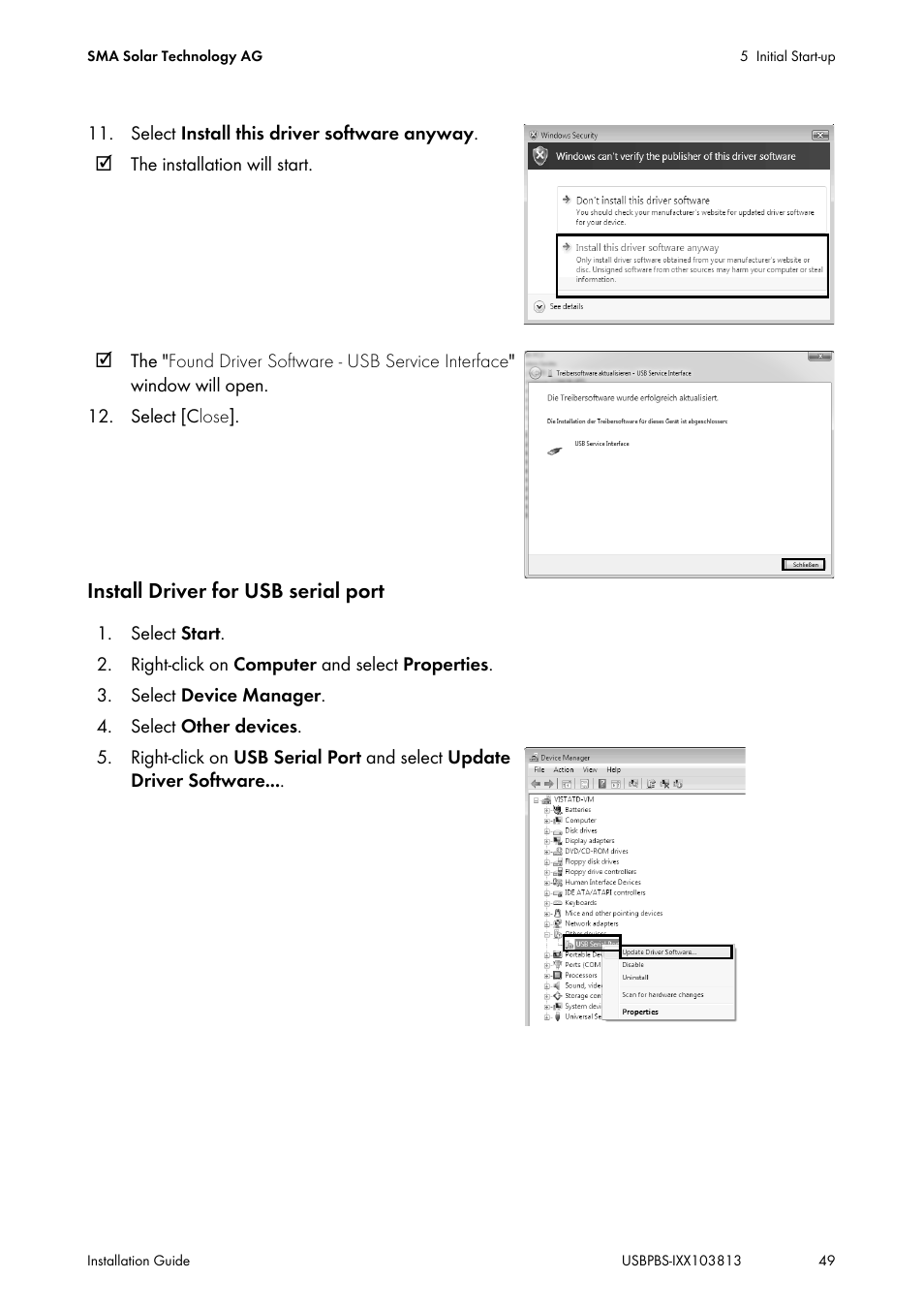 Install driver for usb serial port | SMA USB-Service-Interface User Manual | Page 49 / 160
