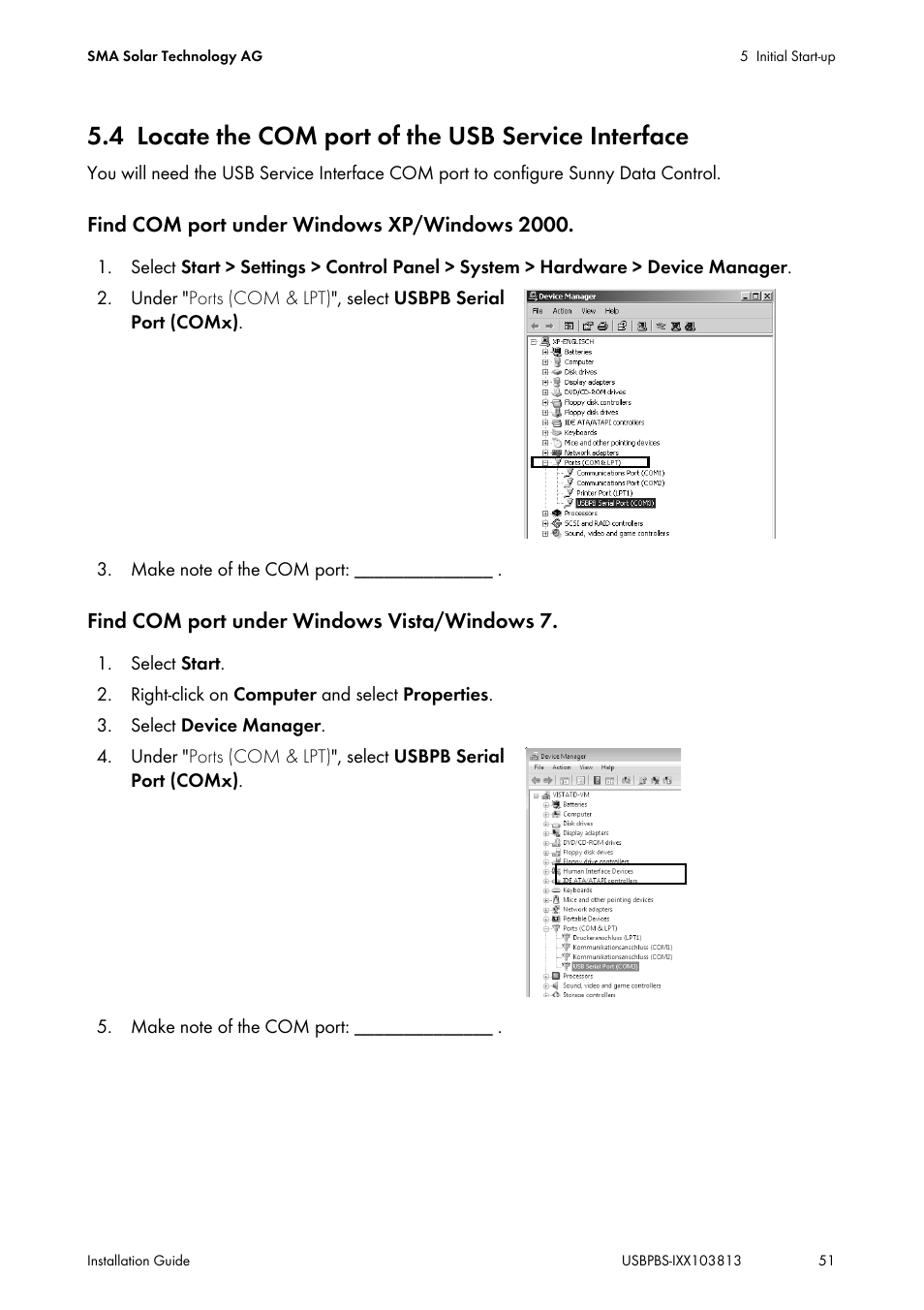 4 locate the com port of the usb service interface, Locate the com port of the usb service interface | SMA USB-Service-Interface User Manual | Page 51 / 160