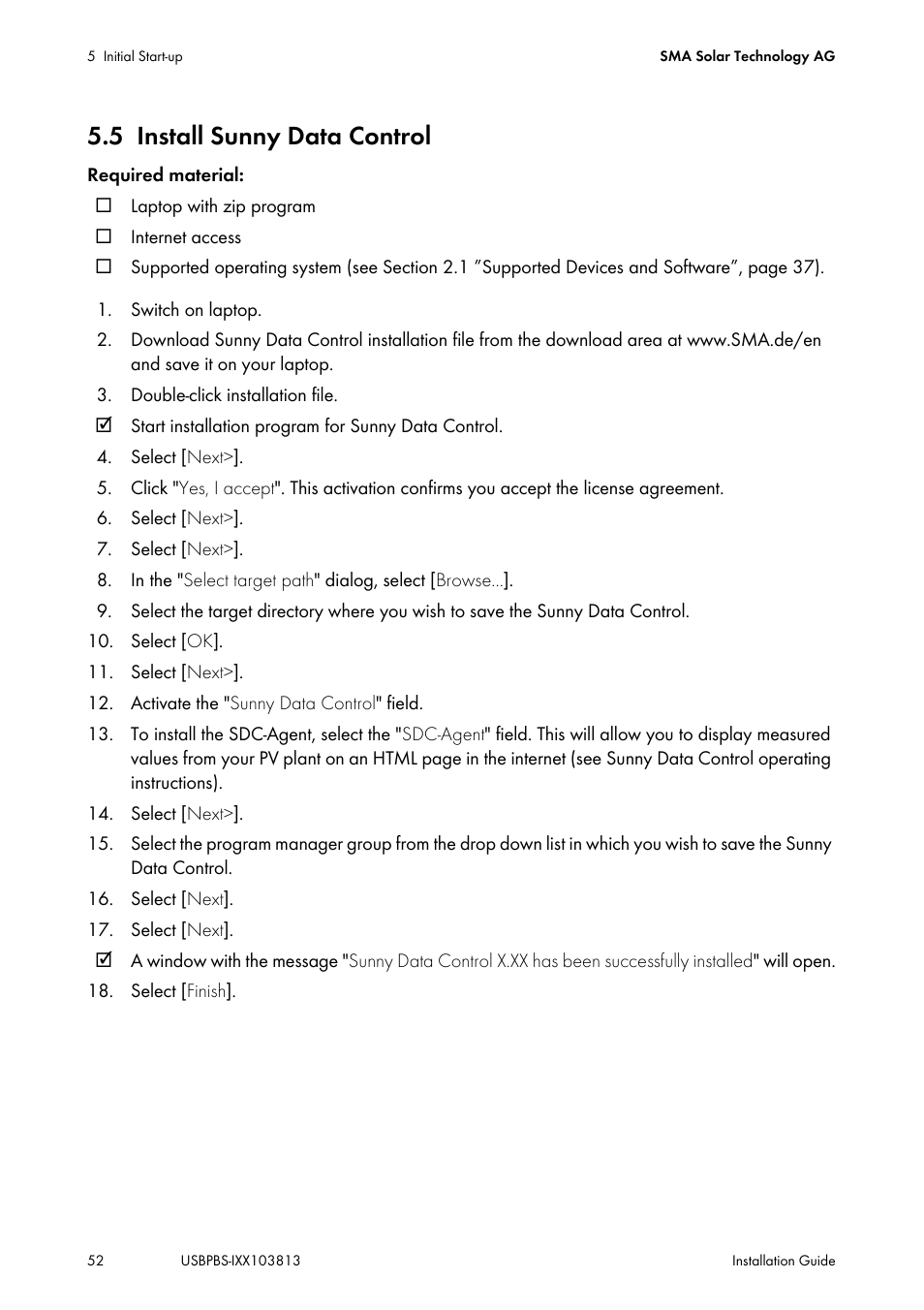 5 install sunny data control, Install sunny data control | SMA USB-Service-Interface User Manual | Page 52 / 160