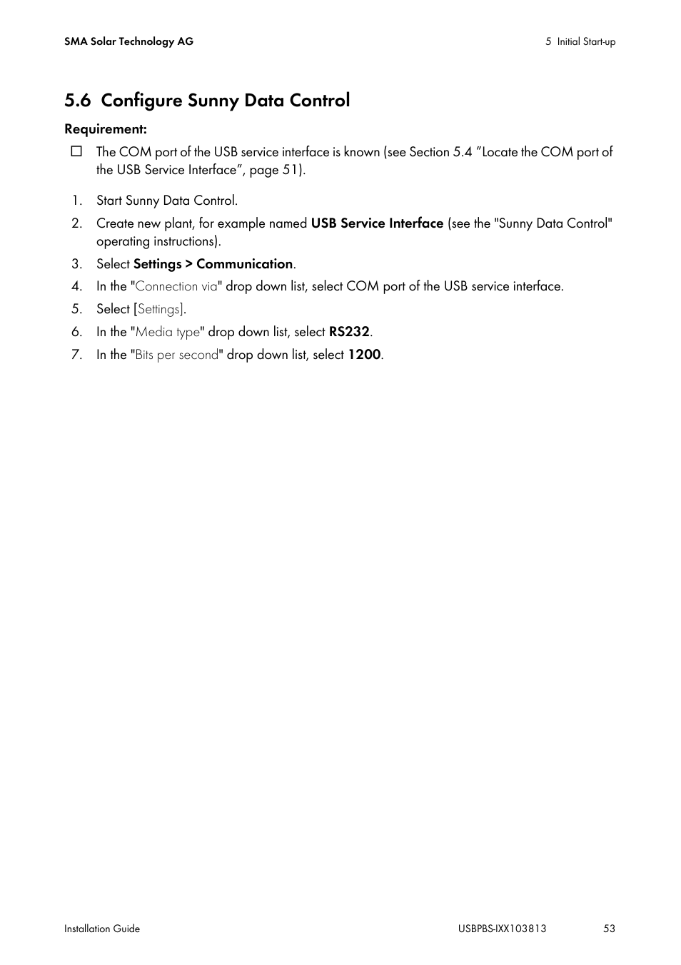 6 configure sunny data control, Configure sunny data control | SMA USB-Service-Interface User Manual | Page 53 / 160