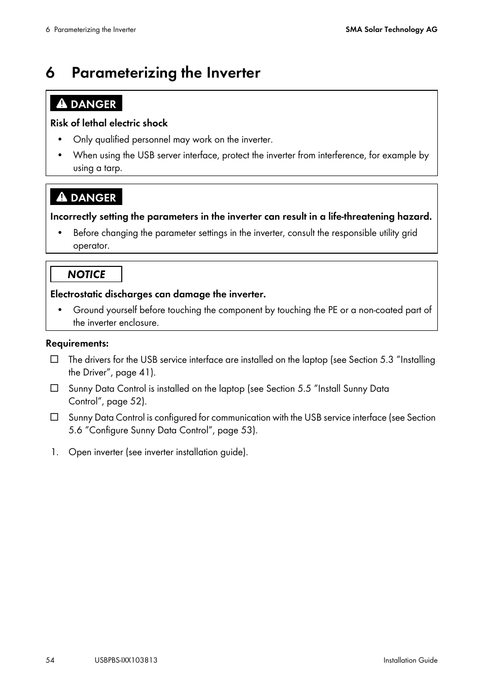 6 parameterizing the inverter, Parameterizing the inverter | SMA USB-Service-Interface User Manual | Page 54 / 160