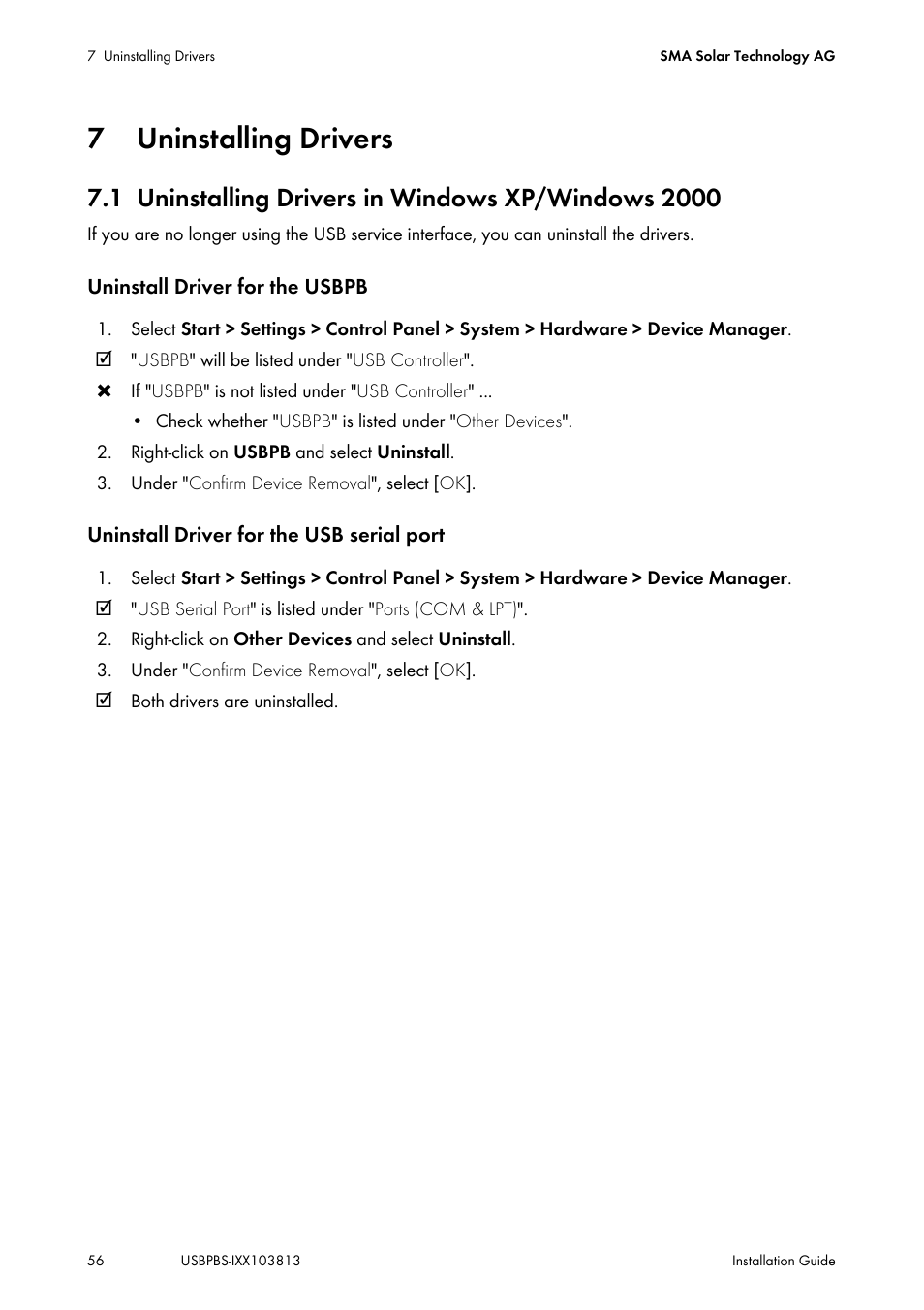 7 uninstalling drivers, 1 uninstalling drivers in windows xp/windows 2000, Uninstalling drivers | Uninstalling drivers in windows xp/windows 2000 | SMA USB-Service-Interface User Manual | Page 56 / 160