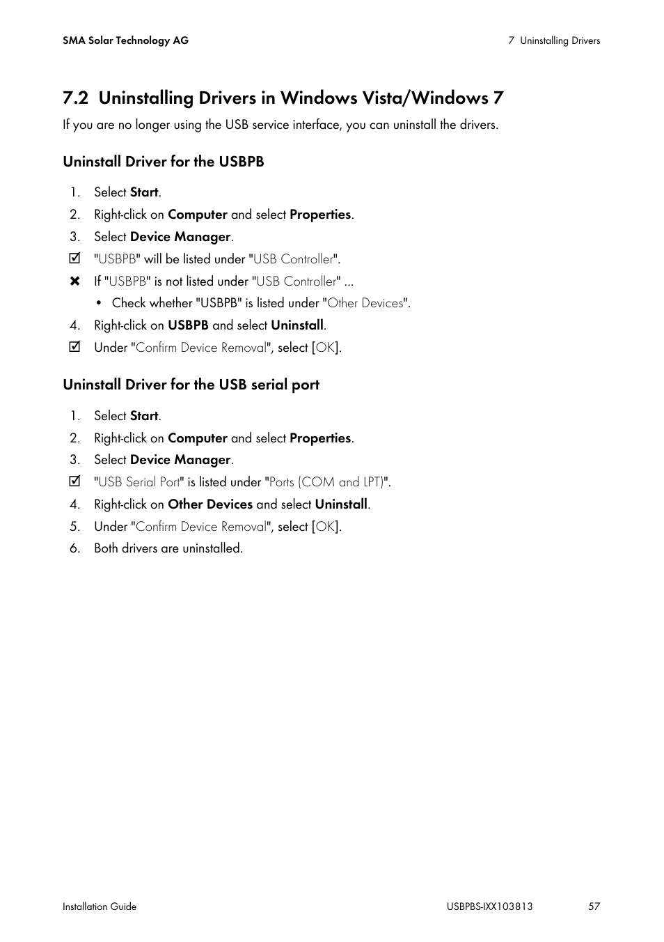 2 uninstalling drivers in windows vista/windows 7, Uninstalling drivers in windows vista/windows 7 | SMA USB-Service-Interface User Manual | Page 57 / 160
