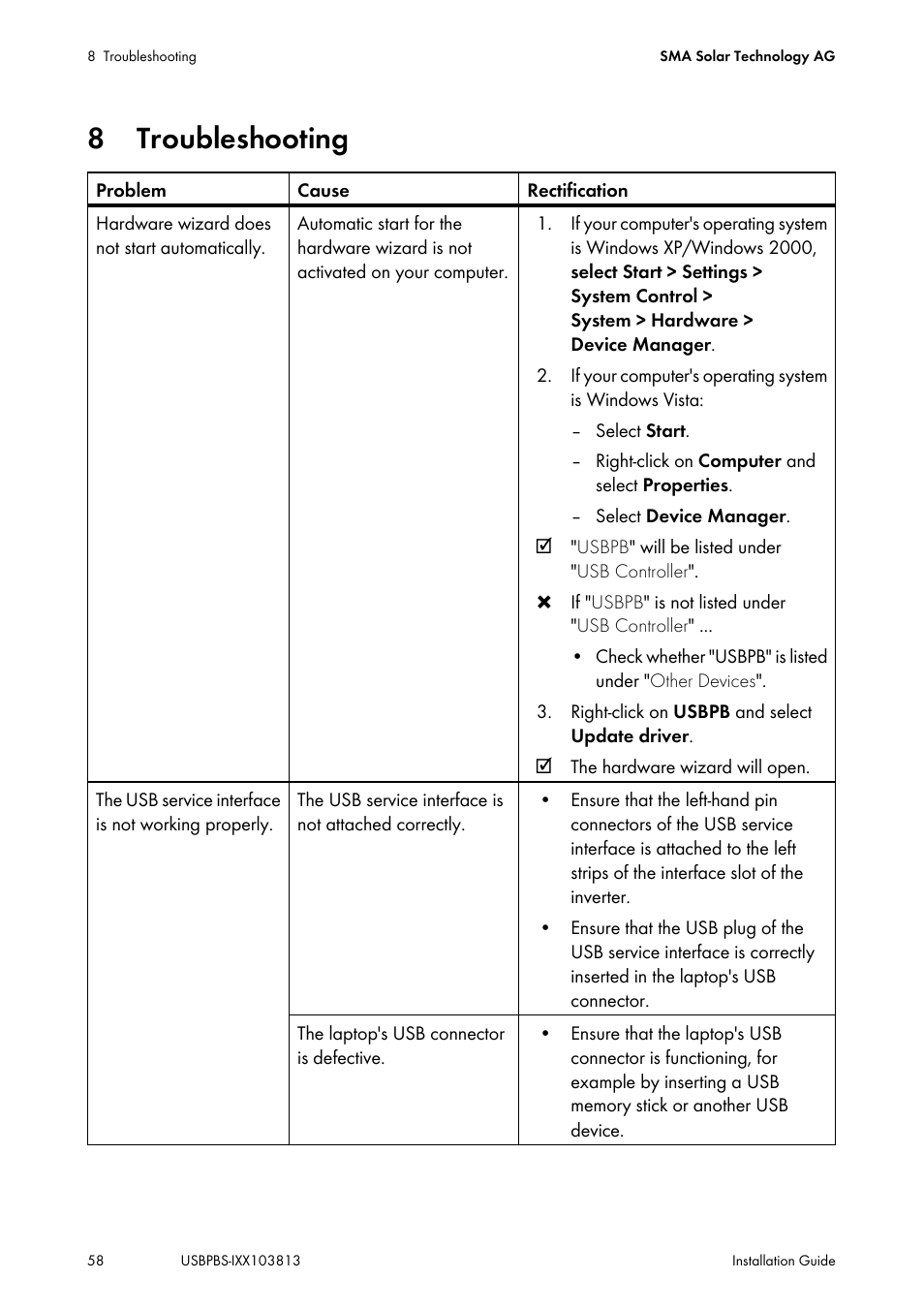 8 troubleshooting, Troubleshooting | SMA USB-Service-Interface User Manual | Page 58 / 160