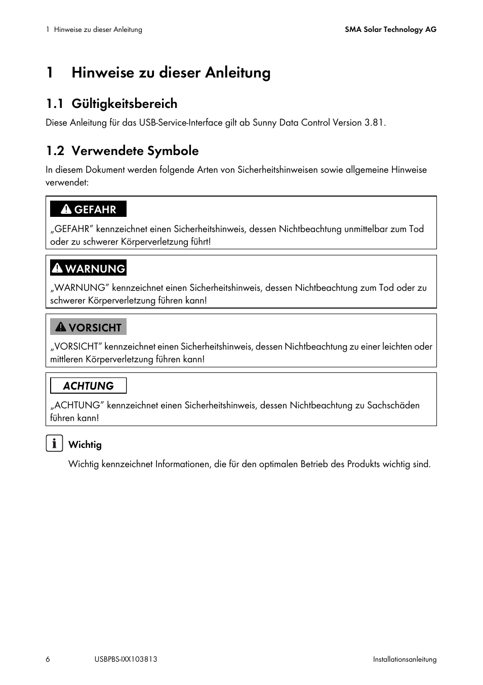 1 hinweise zu dieser anleitung, 1 gültigkeitsbereich, 2 verwendete symbole | Hinweise zu dieser anleitung, Gültigkeitsbereich, Verwendete symbole | SMA USB-Service-Interface User Manual | Page 6 / 160