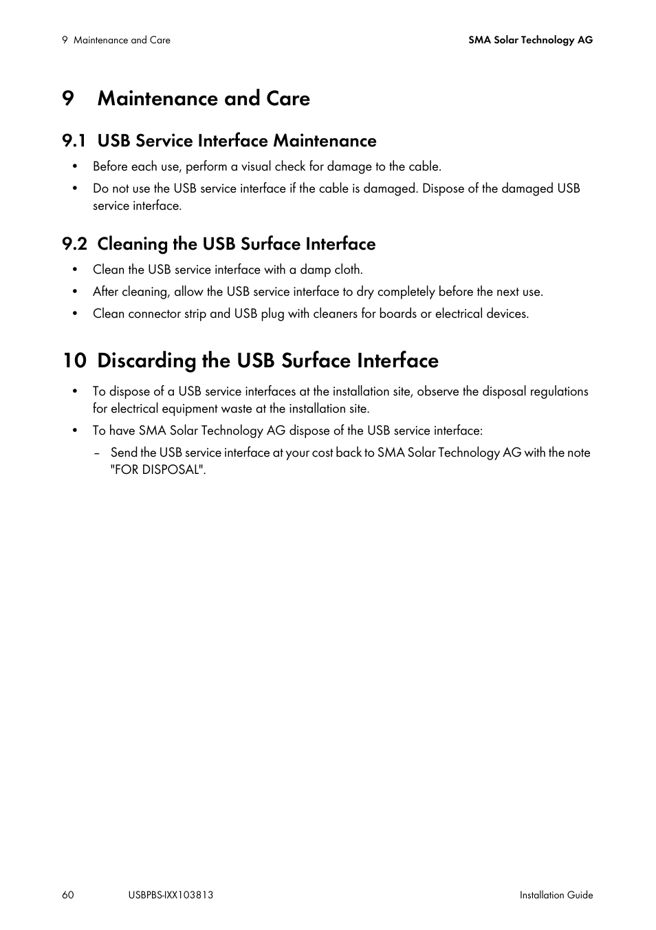 9 maintenance and care, 1 usb service interface maintenance, 2 cleaning the usb surface interface | 10 discarding the usb surface interface, Maintenance and care, Usb service interface maintenance, Cleaning the usb surface interface, Discarding the usb surface interface | SMA USB-Service-Interface User Manual | Page 60 / 160
