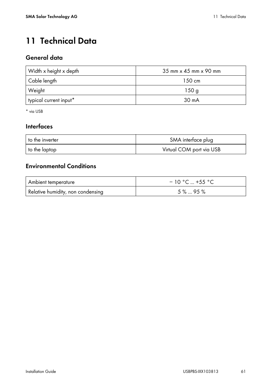 11 technical data, Technical data | SMA USB-Service-Interface User Manual | Page 61 / 160