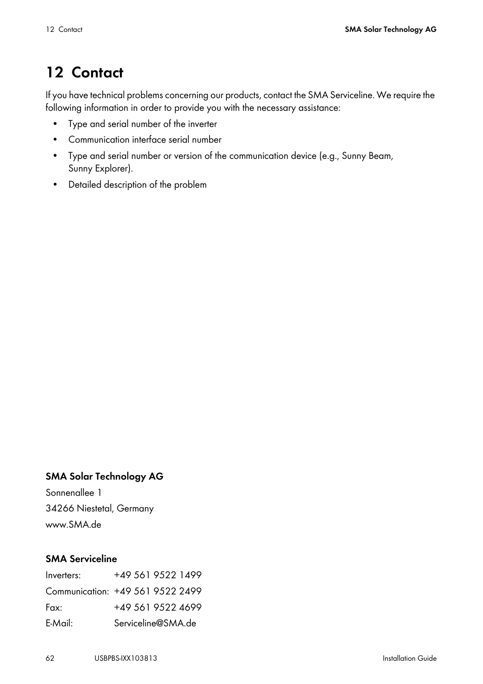 12 contact, Contact | SMA USB-Service-Interface User Manual | Page 62 / 160