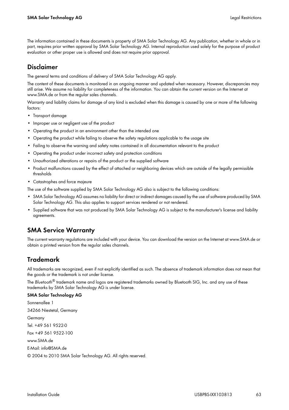 Disclaimer, Sma service warranty, Trademark | SMA USB-Service-Interface User Manual | Page 63 / 160