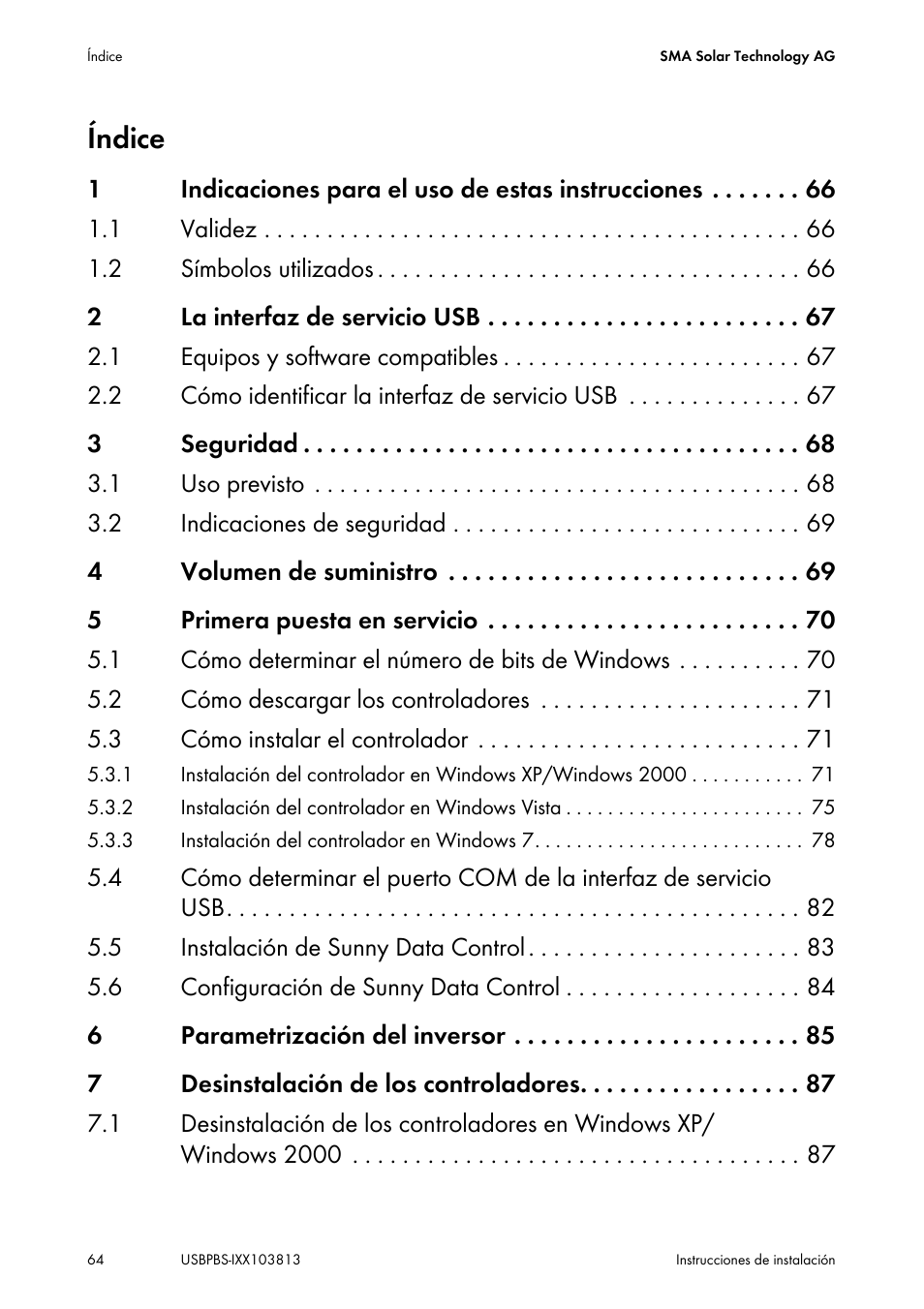 Usbpbs-ixx103813_01_es, Índice | SMA USB-Service-Interface User Manual | Page 64 / 160