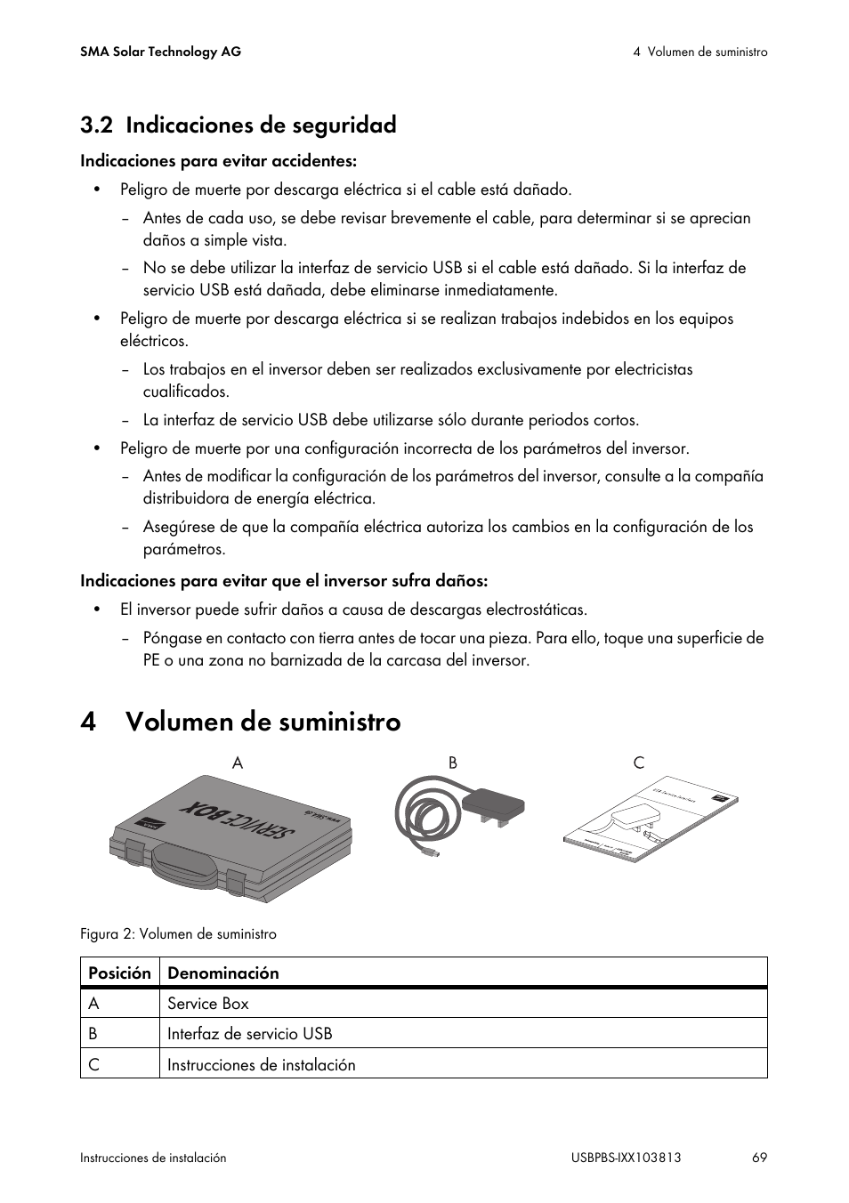 2 indicaciones de seguridad, 4 volumen de suministro, Indicaciones de seguridad | Volumen de suministro | SMA USB-Service-Interface User Manual | Page 69 / 160