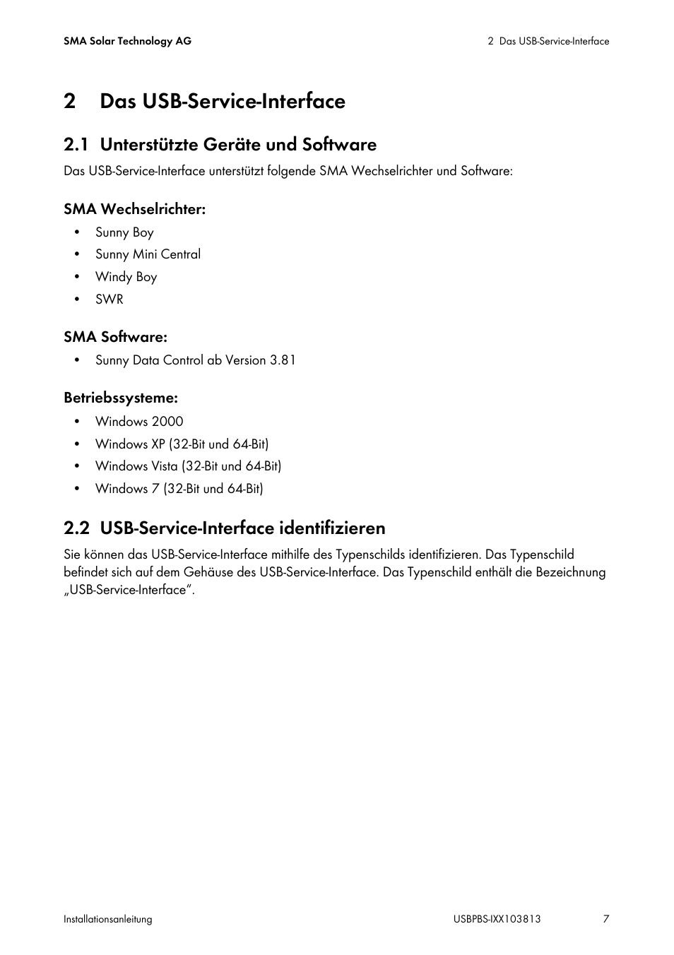 2 das usb-service-interface, 1 unterstützte geräte und software, 2 usb-service-interface identifizieren | Das usb-service-interface, Unterstützte geräte und software, Usb-service-interface identifizieren | SMA USB-Service-Interface User Manual | Page 7 / 160