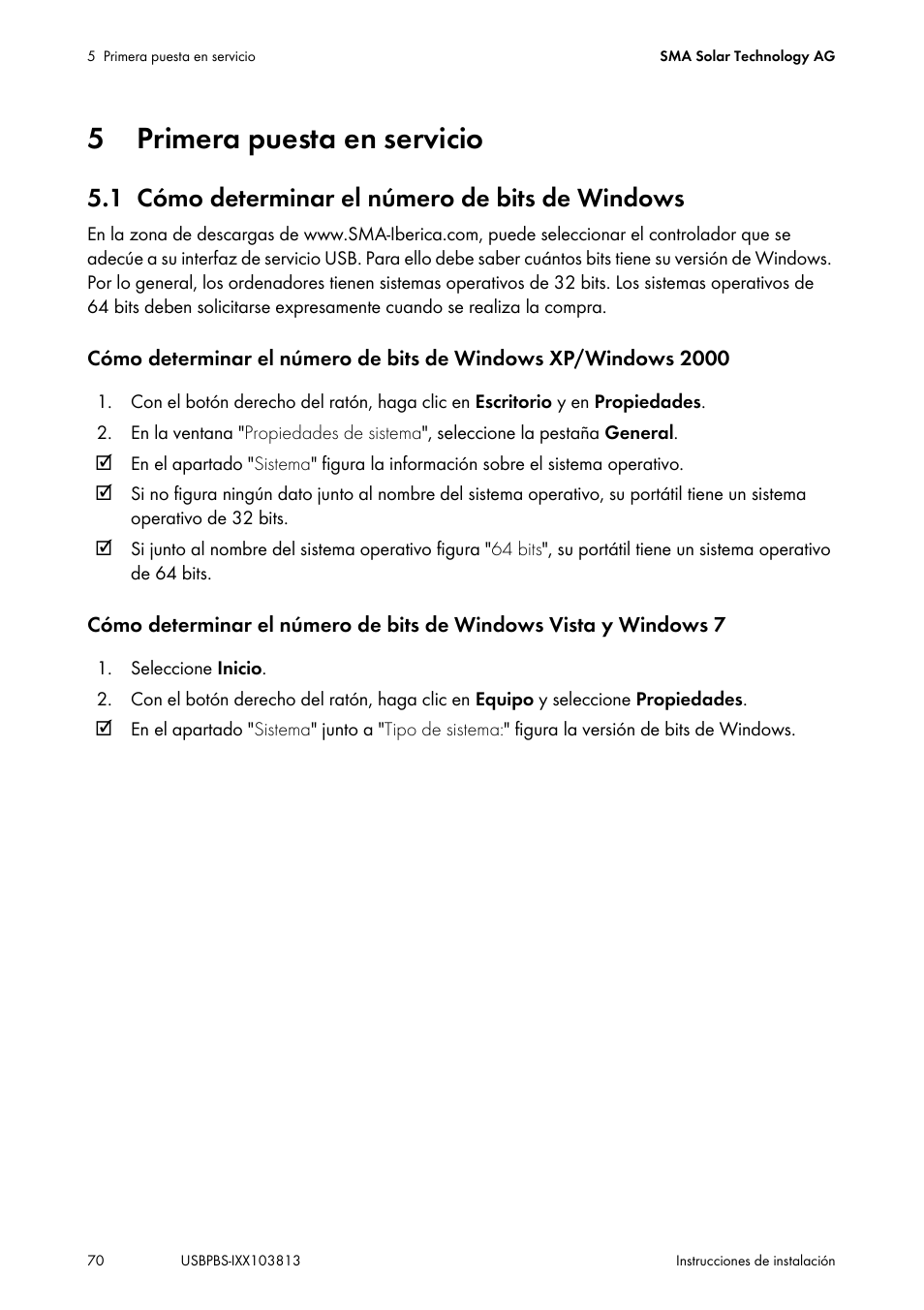 5 primera puesta en servicio, 1 cómo determinar el número de bits de windows, Primera puesta en servicio | Cómo determinar el número de bits de windows | SMA USB-Service-Interface User Manual | Page 70 / 160