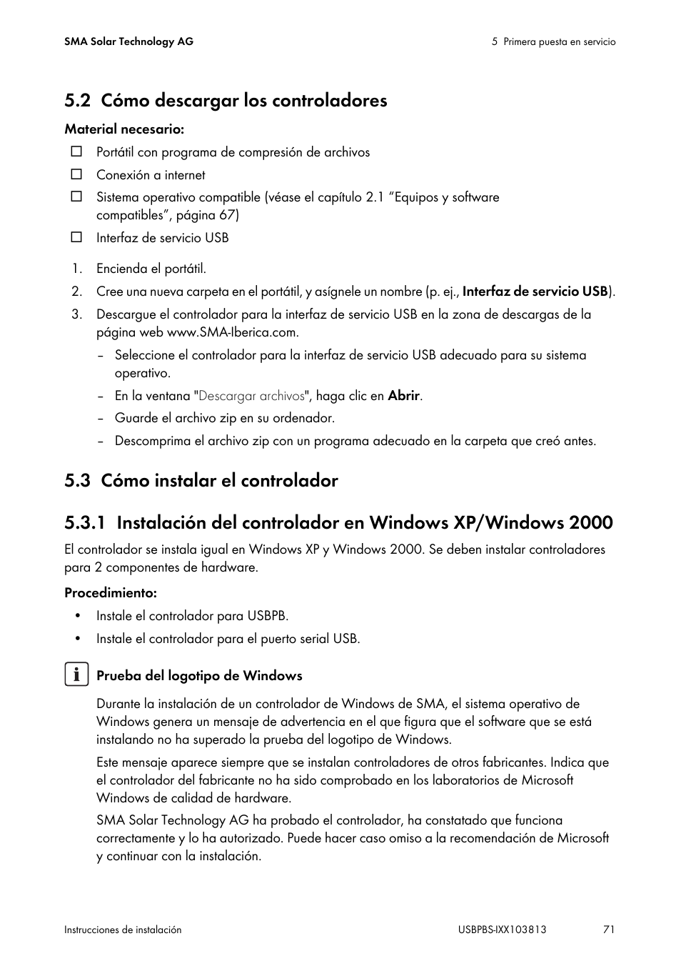 2 cómo descargar los controladores, 3 cómo instalar el controlador, Cómo descargar los controladores | Cómo instalar el controlador | SMA USB-Service-Interface User Manual | Page 71 / 160