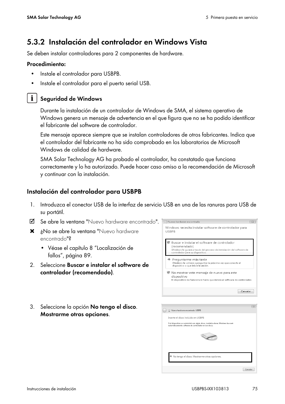 2 instalación del controlador en windows vista, Instalación del controlador en windows vista | SMA USB-Service-Interface User Manual | Page 75 / 160