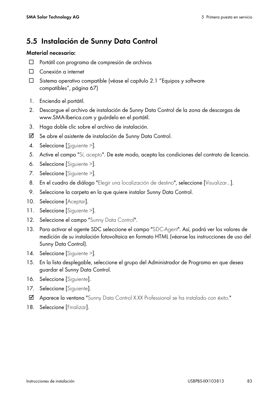 5 instalación de sunny data control, Instalación de sunny data control | SMA USB-Service-Interface User Manual | Page 83 / 160