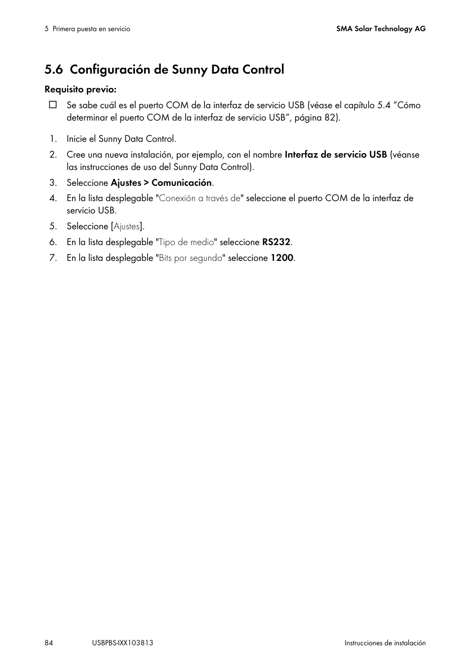 6 configuración de sunny data control, Configuración de sunny data control | SMA USB-Service-Interface User Manual | Page 84 / 160