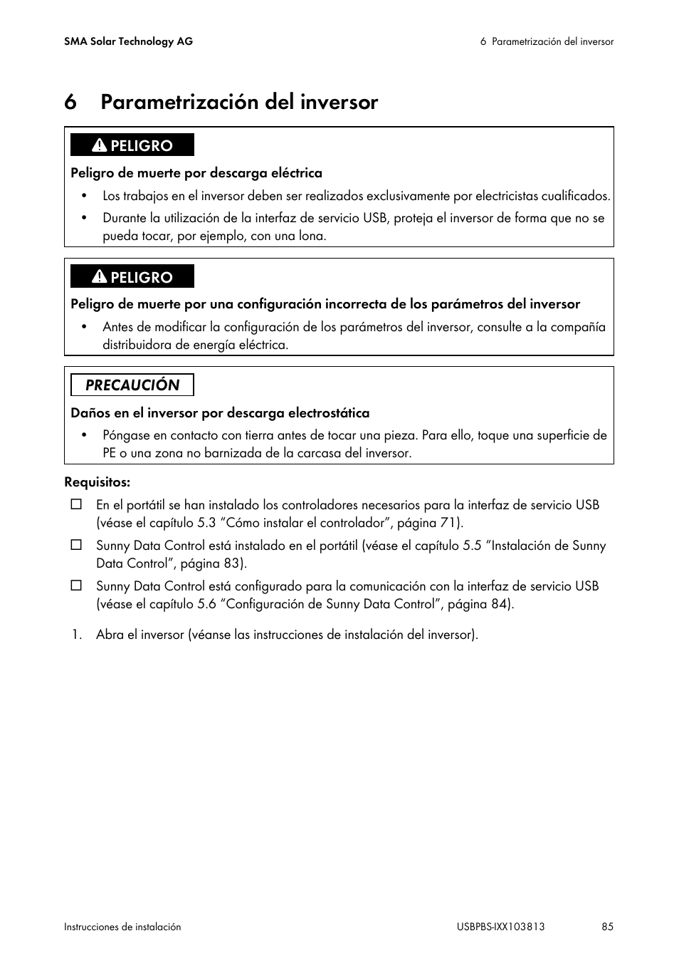 6 parametrización del inversor, Parametrización del inversor | SMA USB-Service-Interface User Manual | Page 85 / 160