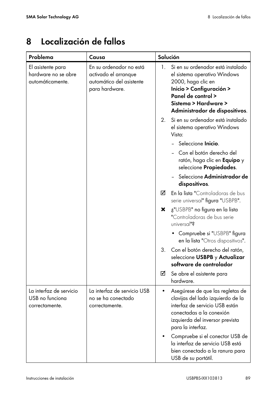 8 localización de fallos, Localización de fallos | SMA USB-Service-Interface User Manual | Page 89 / 160