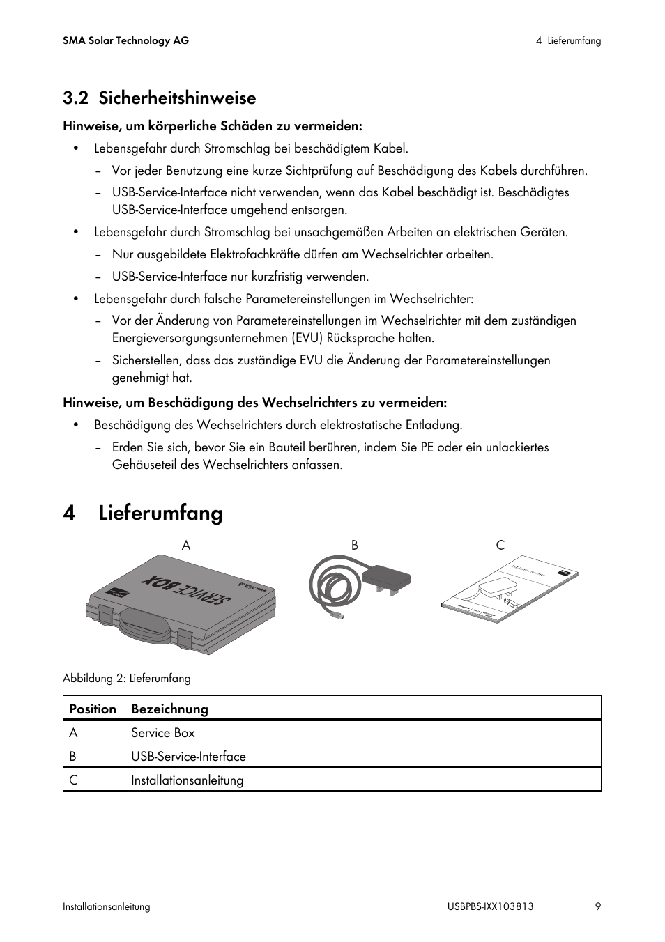 2 sicherheitshinweise, 4 lieferumfang, Sicherheitshinweise | Lieferumfang | SMA USB-Service-Interface User Manual | Page 9 / 160