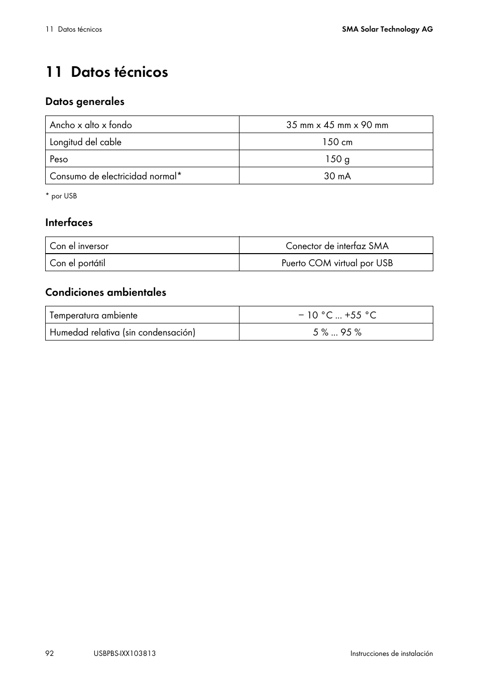 11 datos técnicos, Datos técnicos | SMA USB-Service-Interface User Manual | Page 92 / 160