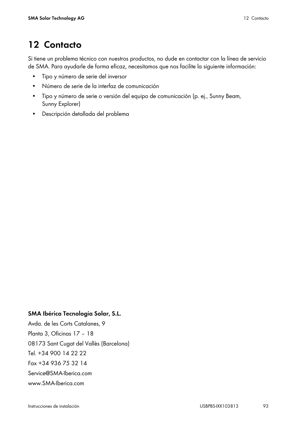 12 contacto, Contacto | SMA USB-Service-Interface User Manual | Page 93 / 160