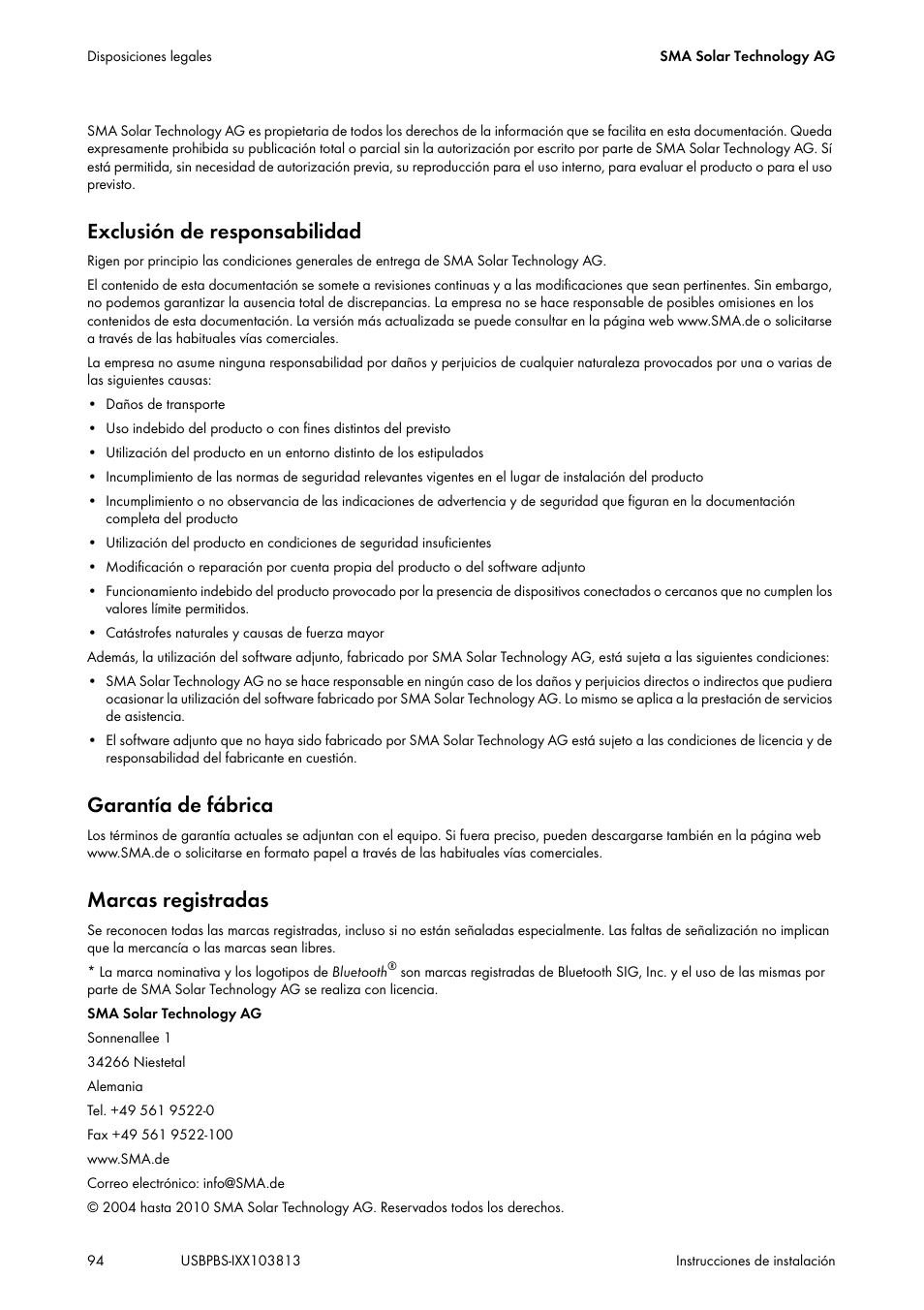 Exclusión de responsabilidad, Garantía de fábrica, Marcas registradas | SMA USB-Service-Interface User Manual | Page 94 / 160