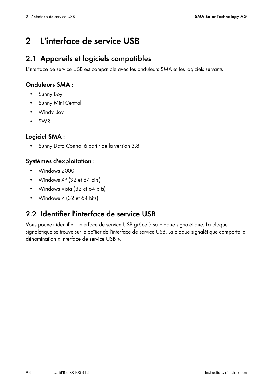 2 l'interface de service usb, 1 appareils et logiciels compatibles, 2 identifier l'interface de service usb | L'interface de service usb, Appareils et logiciels compatibles, Identifier l'interface de service usb | SMA USB-Service-Interface User Manual | Page 98 / 160