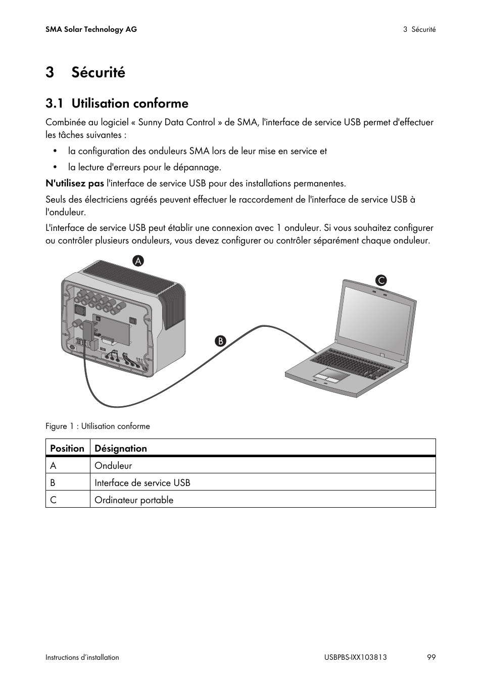 3 sécurité, 1 utilisation conforme, Sécurité | Utilisation conforme | SMA USB-Service-Interface User Manual | Page 99 / 160