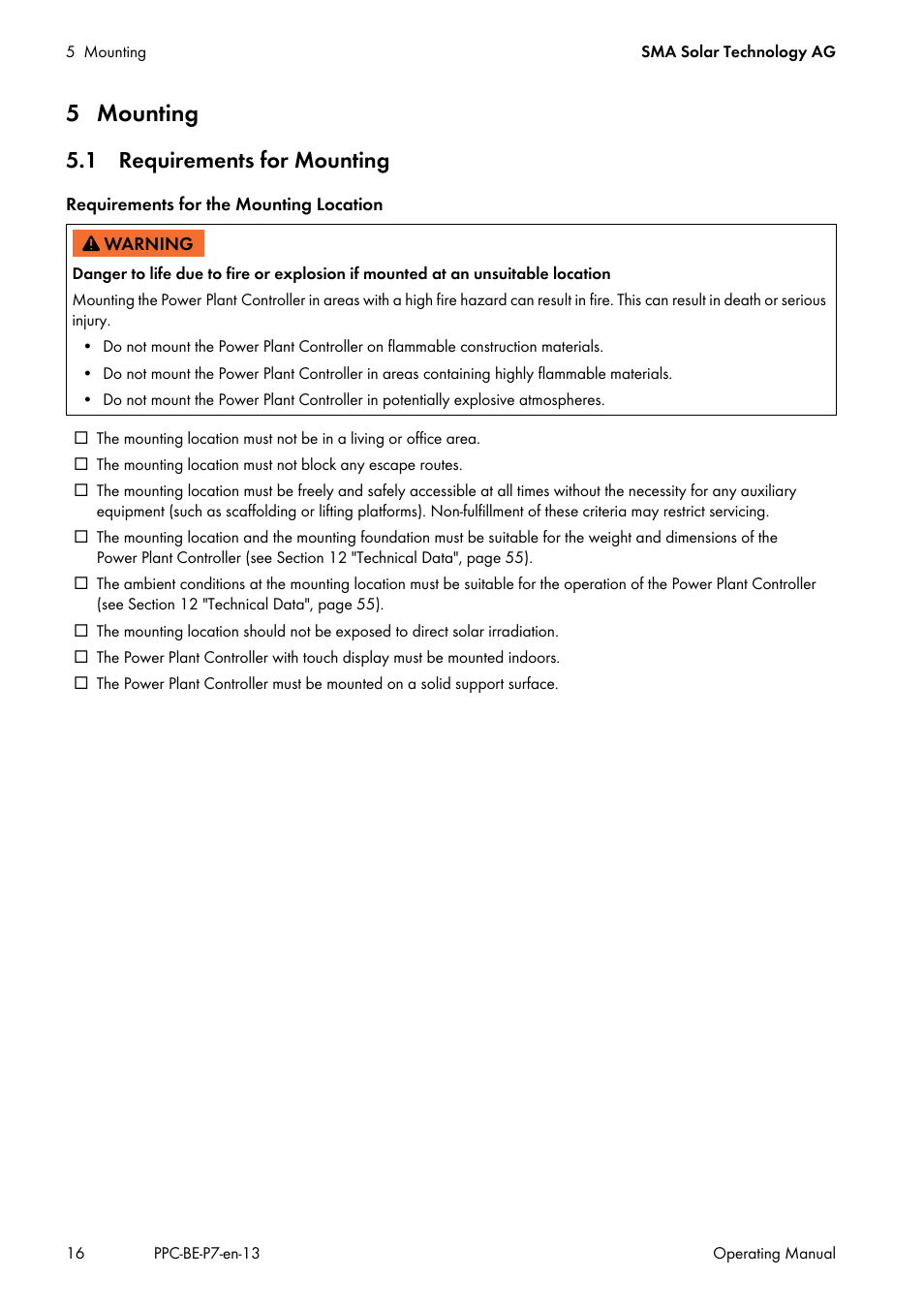 5 mounting, 1 requirements for mounting | SMA POWER PLANT CONTROLLER User Manual | Page 16 / 64
