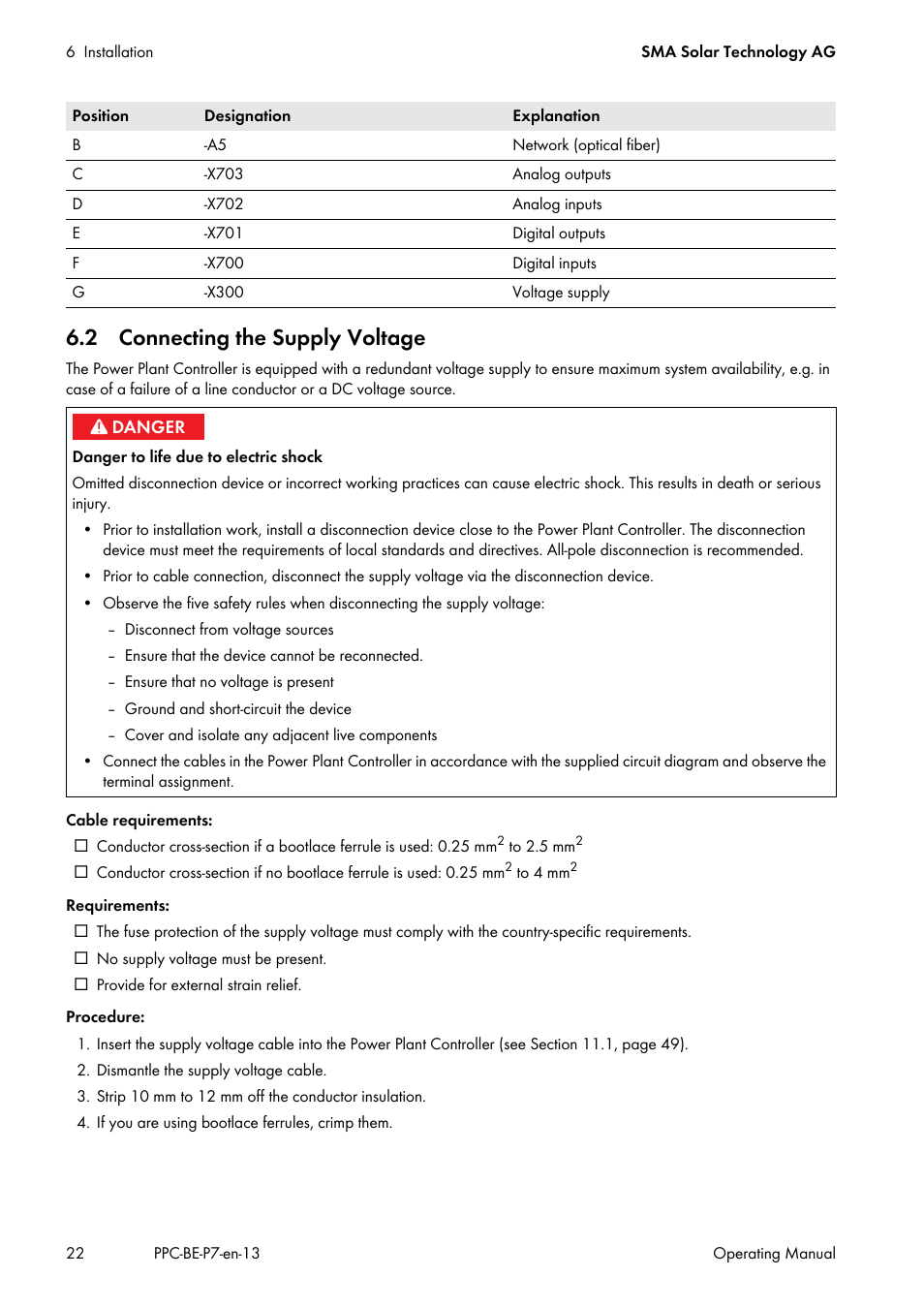 2 connecting the supply voltage | SMA POWER PLANT CONTROLLER User Manual | Page 22 / 64