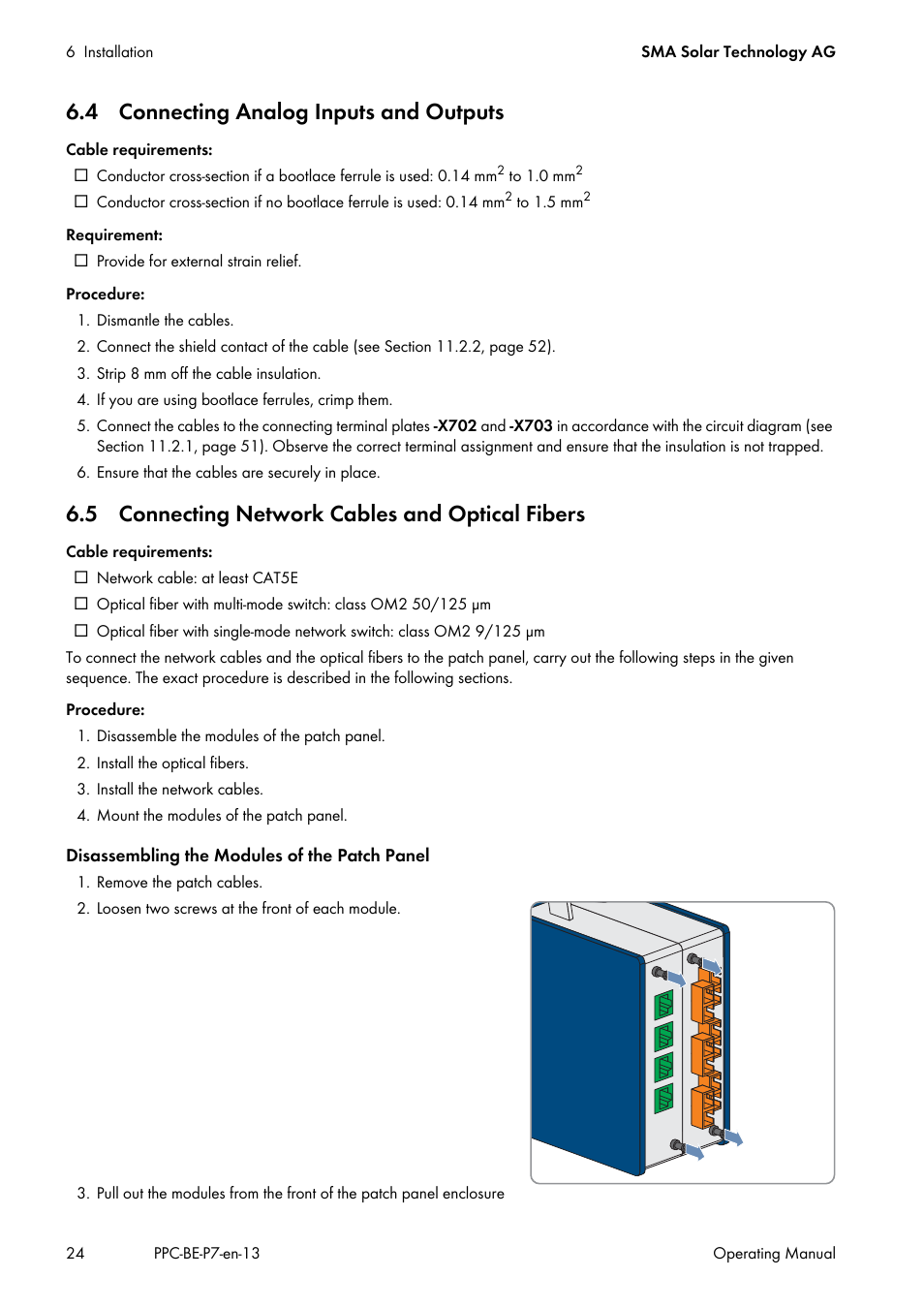 4 connecting analog inputs and outputs, 5 connecting network cables and optical fibers | SMA POWER PLANT CONTROLLER User Manual | Page 24 / 64