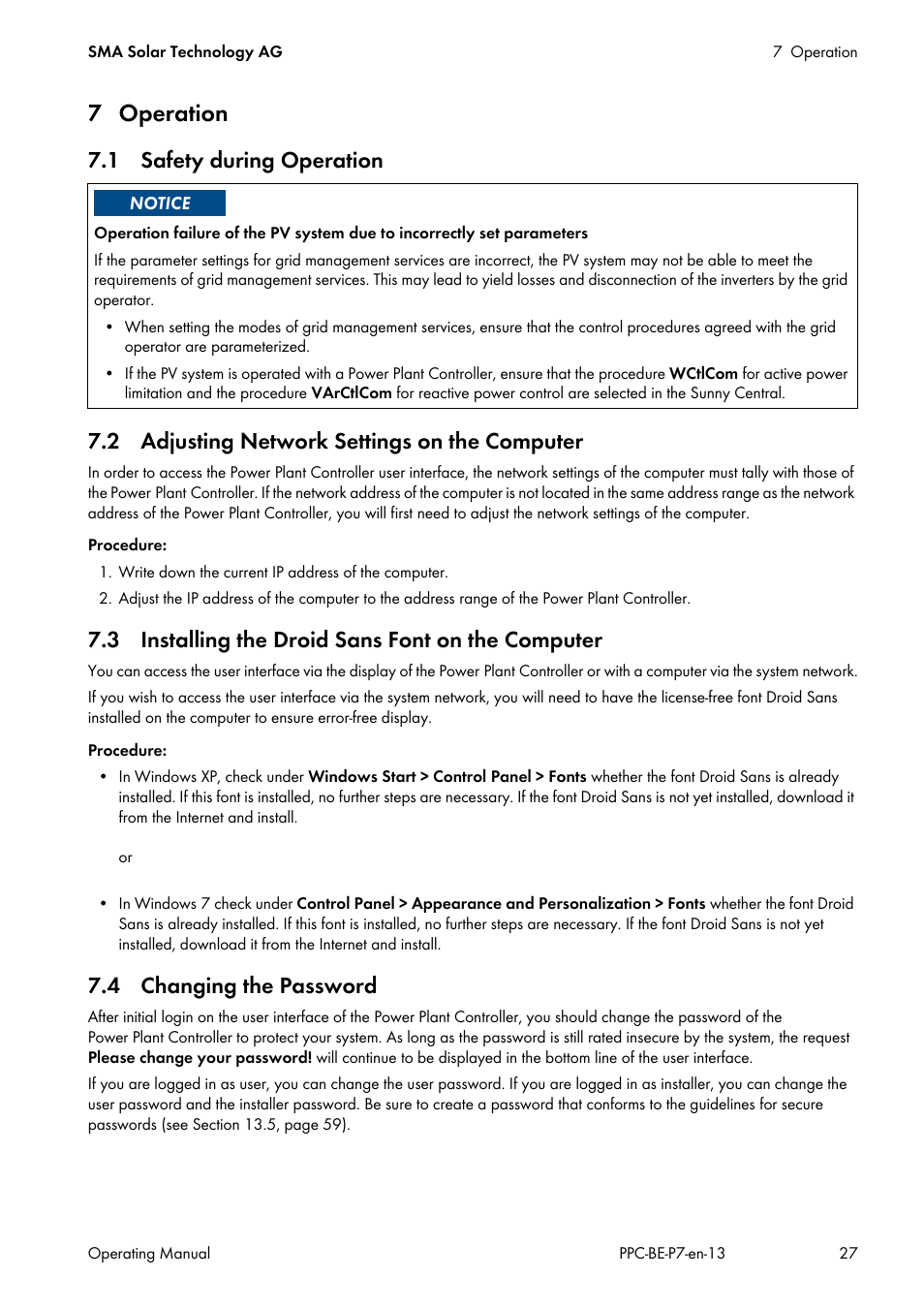 7 operation, 1 safety during operation, 2 adjusting network settings on the computer | 3 installing the droid sans font on the computer, 4 changing the password | SMA POWER PLANT CONTROLLER User Manual | Page 27 / 64