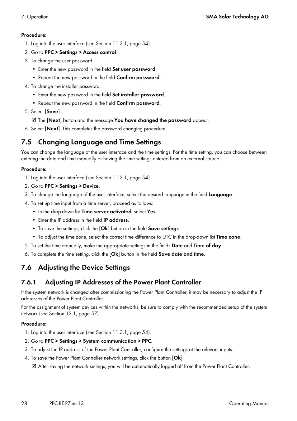 5 changing language and time settings, 6 adjusting the device settings | SMA POWER PLANT CONTROLLER User Manual | Page 28 / 64