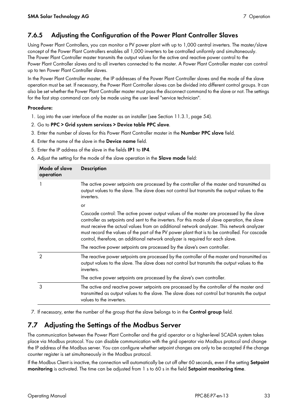 7 adjusting the settings of the modbus server | SMA POWER PLANT CONTROLLER User Manual | Page 33 / 64